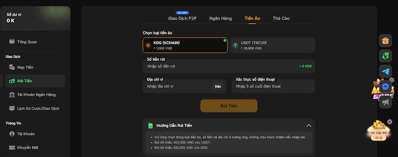 Rút thưởng qua tiền ảo